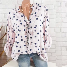 Plus Size Summer Women Adjustable Long Sleeve Polka Dot Print Shirts Mandarin Collar Stand Collar Pocket Casual Blouses Plus Size Summer Women Adjustable Long Sleeve Polka Dot Print Shirts Mandarin Collar Stand Collar Pocket Casual Blouses