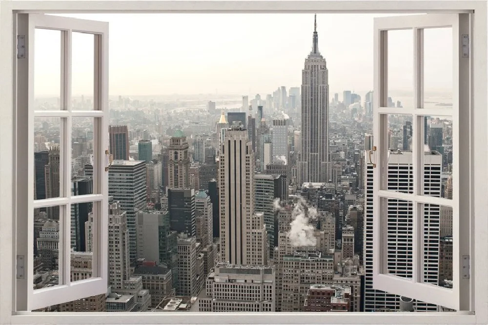 Наклейки на стену с 3D эффектом, вид на окно, вид на Нью-Йорк, вид на город, обрамленная виниловая наклейка, Декор, фреска, кухня, ванная комната, мотоцикл, настенное искусство