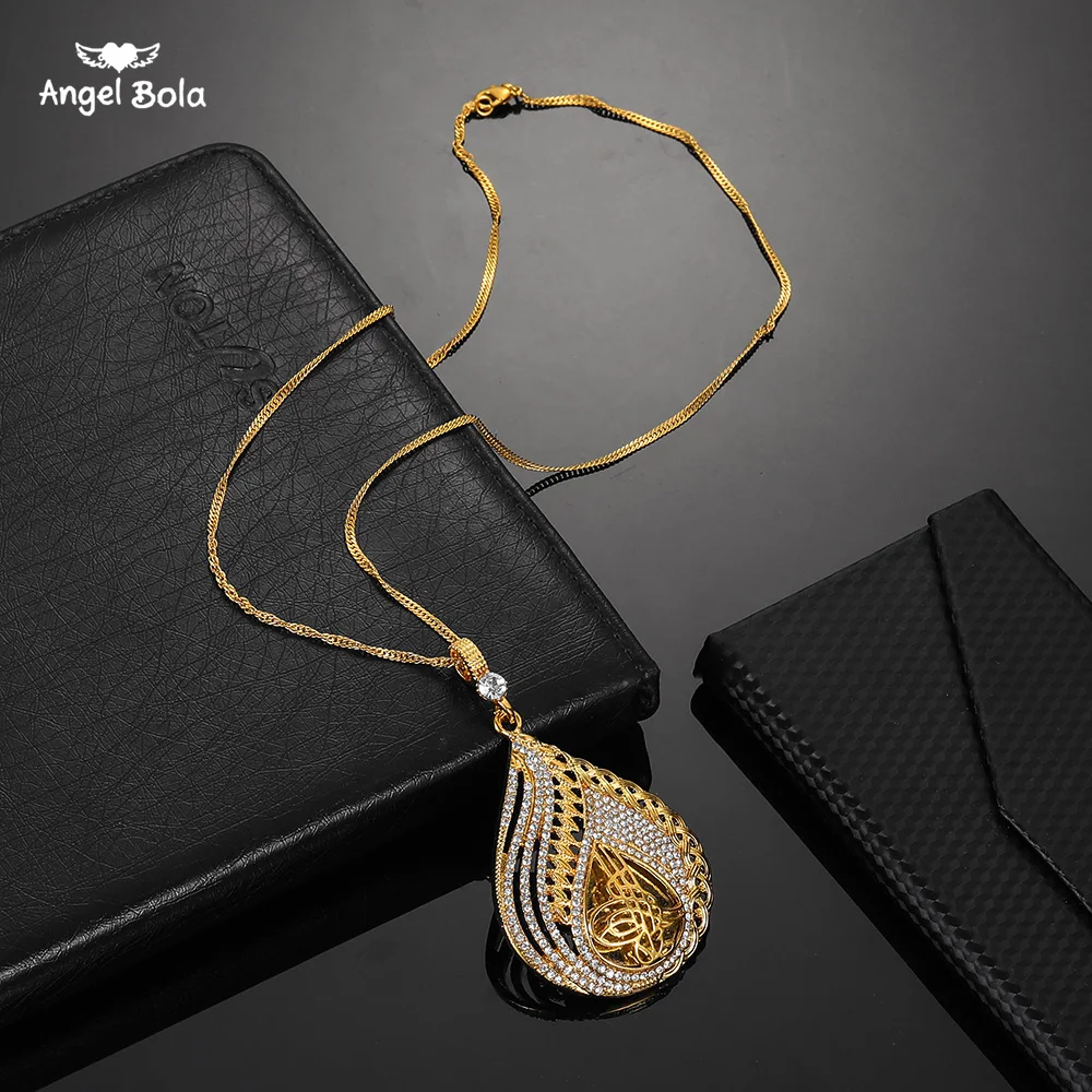 

Metal Coin Muslim Islam Allah Necklace for Turks Gold Color Arab Pendant Middle East Arab Jewelry Rhinestone Turkish for Women