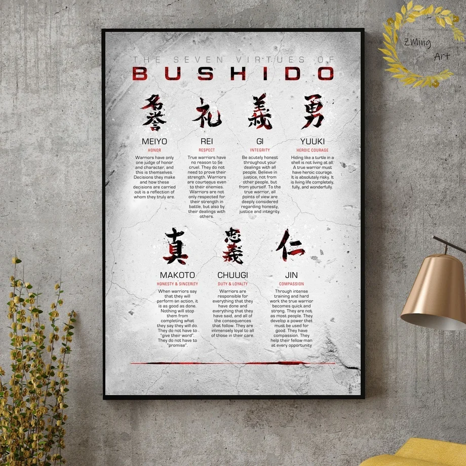 Японский Kanji Samurai черный и белый код бусхидо черно холст Художественная печать