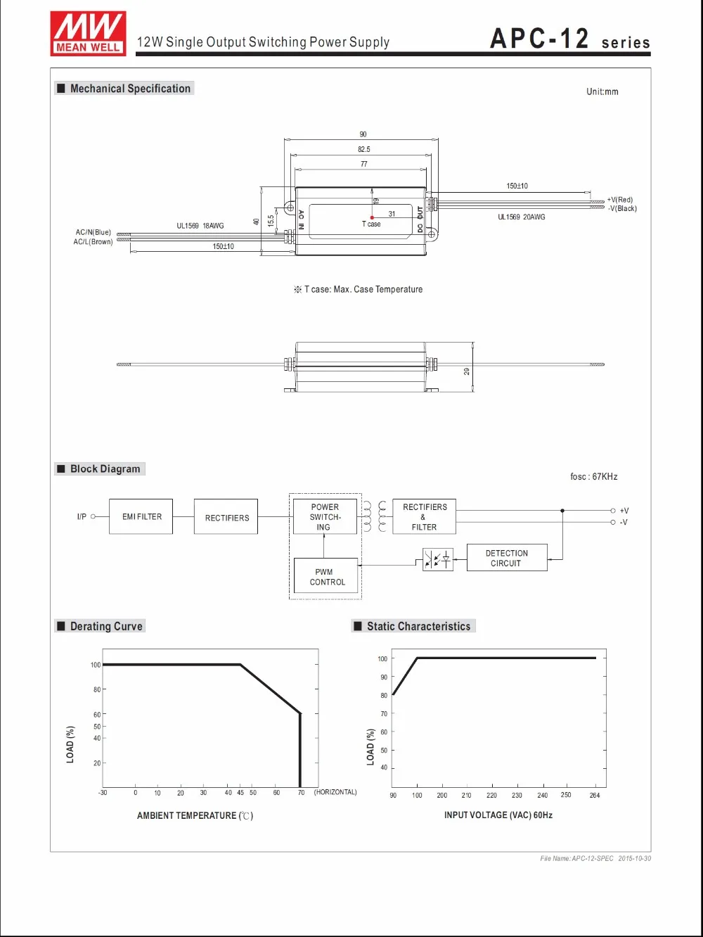 Mean Well APC-12-350, 12W 9~ 36V 350mA светодиодный водонепроницаемый драйвер, одиночный выход импульсный источник питания