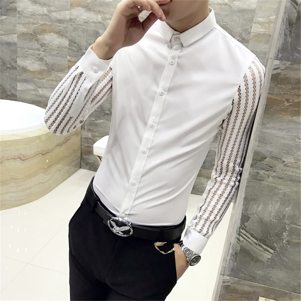 Helisopus модные мужские рубашки в полоску, сетчатые кружевные лоскутные рубашки с длинным рукавом, однотонные повседневные рубашки для ночного клуба, приталенная рубашка M-3XL