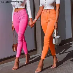2019 Карамельный цвет и пуговицы Для женщин джинсы Высокая талия узкие длинные штаны Повседневное тонкий Для женщин карманов узкие брюки