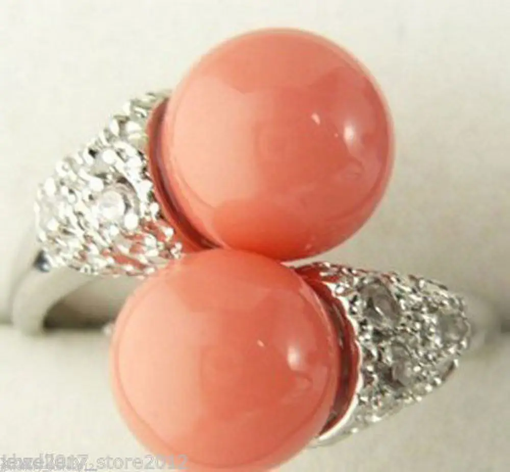 

Hot sale new Style >>>>Double Pink Coral Bead Silver Crystal Ring Size:7.8.9
