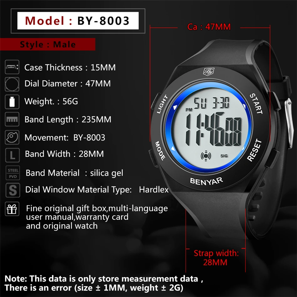 BENYAR для мужчин Спорт 8003 цифровые водонепроницаемые часы для мужчин s мальчик светодиодный цифровой секундомер Дата спортивные наручные