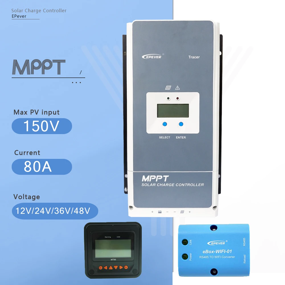 EPever Tracer8415AN 80A солнечное зарядное устройство MPPT контроллер 12 В 24 в 36 в 48 в авто для Max 150 в солнечная панель Входной регулятор с MT50 - Цвет: 80AN-MT50-WIFI