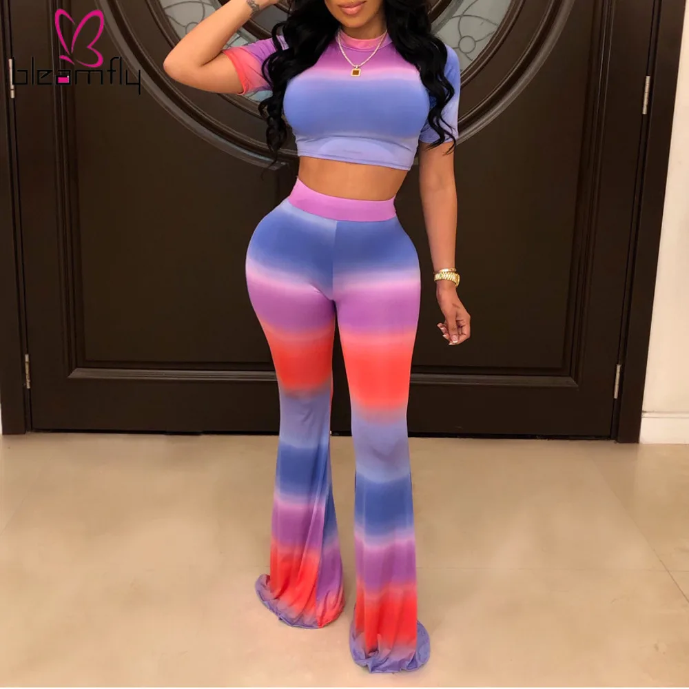 

Gradient Tie Dye Print 2 Piece Set Women O-neck Short Sleeve Crop Top Wide Leg Pants Casual Ladies Sets Two Piece Matching Set