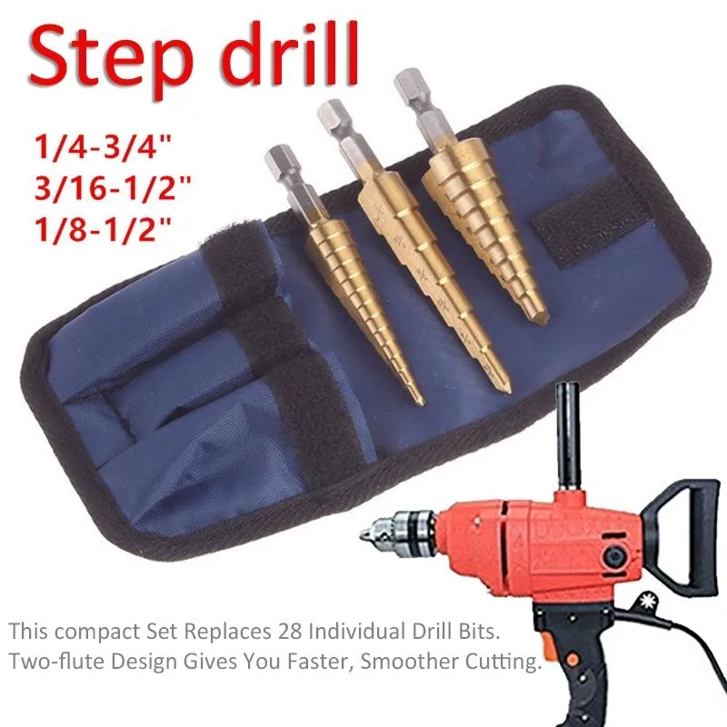 3pcs Hss Cone Step Drill Bit Metal Wood Hole Cutter Titanium Coated Sae