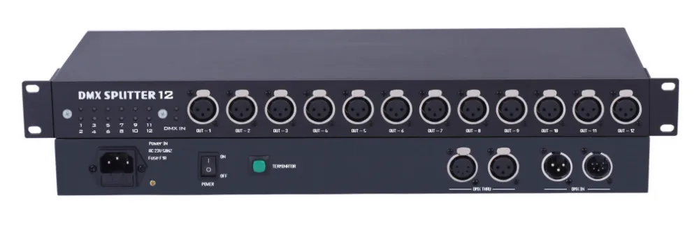 

1 to 12 DMX512 signal splitter& amplifier;AC110-220V input; 12 ports dmx512 signal output with one port dmx signal input
