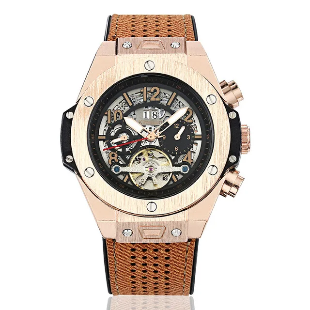 Роскошные автоматические мужские механические часы Relogio кожа бизнес Tourbillion полый
