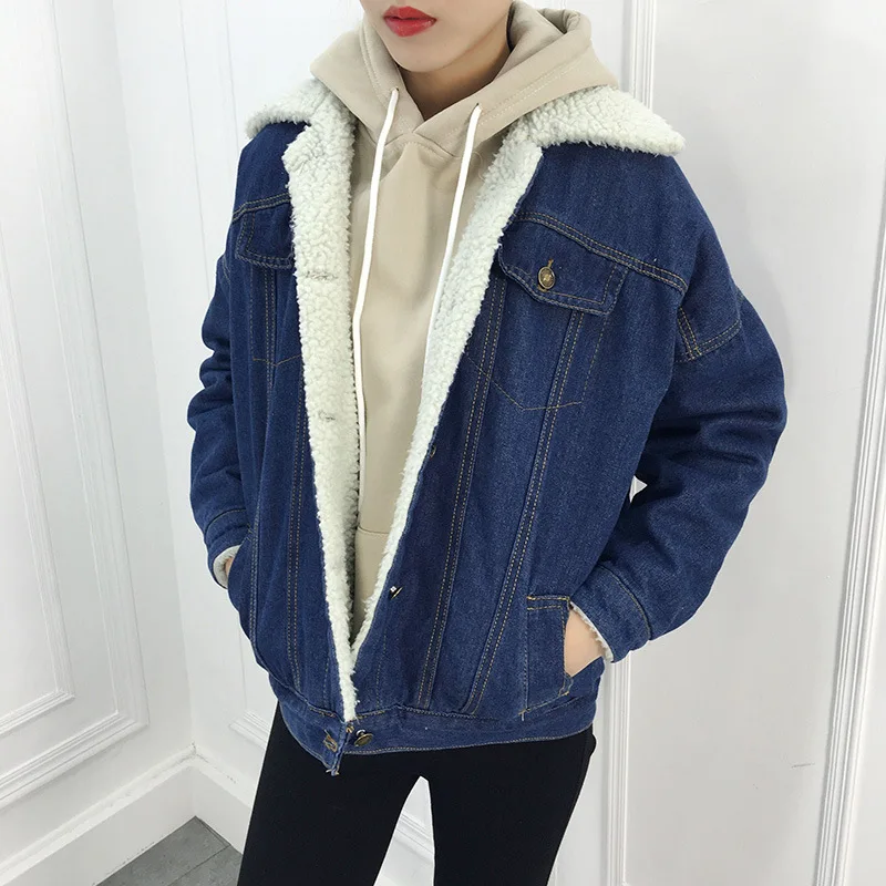 Модная зимняя женская толстая овечья шерсть джинсовая куртка свободные джинсы на флисе пальто женское повседневное теплое джинсовое пальто Верхняя одежда