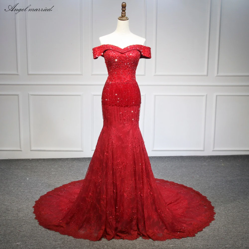 

Angel married Fashion red Evening Dresses cap sleeves mermaid prom gowns lace womens formal party dress vestido de festa 2018