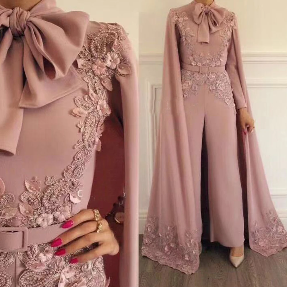 Vestidos de Baile Apliques com Cabo Vestidos de Noite Macacão Gola Alta Laço Bowknot Chiffon Pérolas Calças