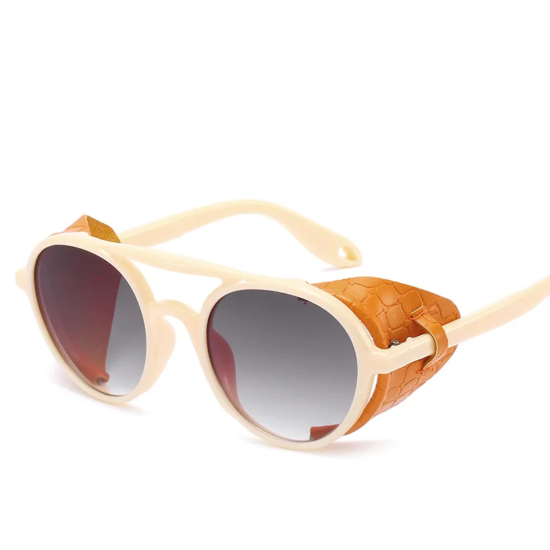 Vintage Steampunk Sunglasses Men Women Leather Round Sun Glasses Female Brand Designer Frame Glasses lunette de soleil - Цвет линз: White