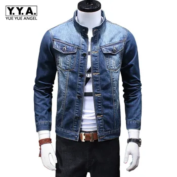 

Classic Male Retro Washed Denim Stand Collar Casual Mens Jeans Jacket Trucker Biker Motorcycle Coat Slim Fit Outwear Plus Size