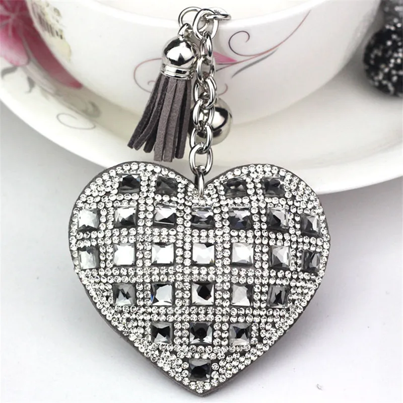 Fashion Keychain Heart Shape Female Full Glass Beads Key Covers Mosaic Leather Fringed Key Chain Car Ring Cap Gift - Color: 12