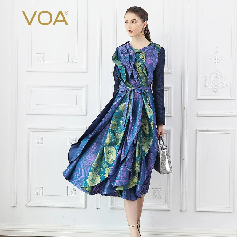 

VOA Silk Jacquard Runway Dresses Art Design Petal Dress Bow Belt Ruffles Autumn Long Sleeve Print Vintage Elegant Ladies A10033