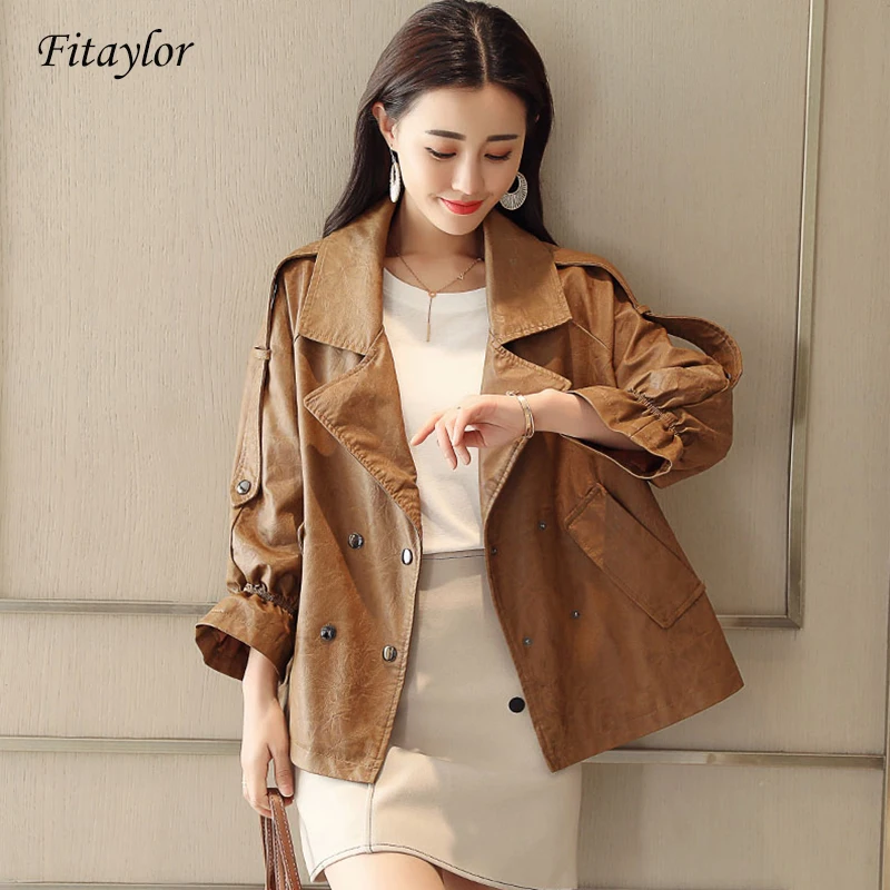 

Fitaylor Women Faux Leather Jacket Spring Vintage Biker Coat Double Breasted Pu Leather Jacket Lady High Street Leather Coat
