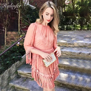 

Halinfer 2018 New summer women dress sexy bodycon o neck tassel lace dress elegant celebrity party dresses vestidos wolesale