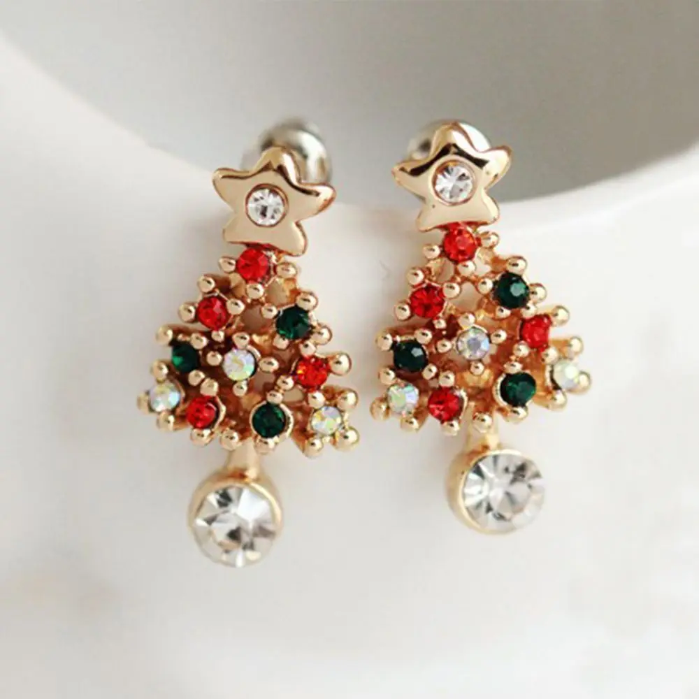 

Ear Stud Pierced 1 Pair Rhinestone Fashion Women lovely Christmas Tree Earrings Charm For Women Gifts