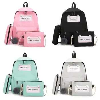 

4pcs/set Letter Print Canvas Backpack Women Composite Hairball Pendant School Backpack with Pen Bag