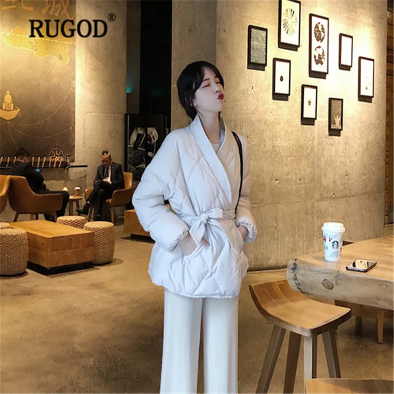 Najtaniej RUGOD Vintage solidna kobiety kurtka płaszcz bawełna kobiety płaszcz z paskiem grube ciepłe zimowe ubrania abrigos mujer invierno 2019