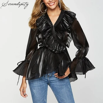 

Black Ruffle Lace up Summer Women Blouse Shirt Sexy Transparent Blouses and Tops Female Long Sleeve Clothing Blusa Sexy & Club