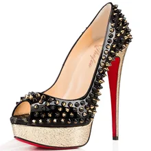 Frauen Schwarz Pleather Peep Toe Rote Untere Plattform High Heels Pumps Schuhe für Frau, hochzeit & Party & abend