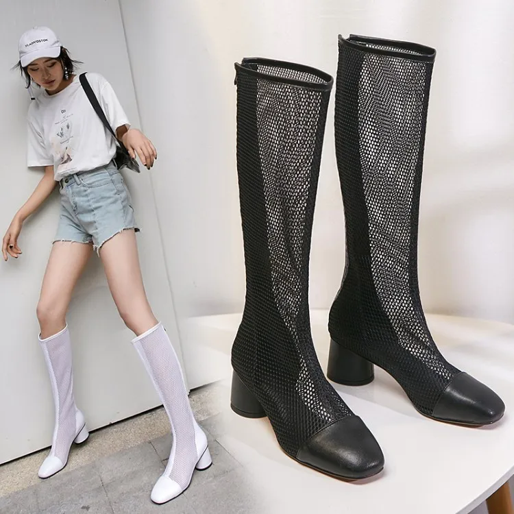 

2019 Fashion Women Knee High Boots Square High heels Zipper Sexy Leather Mesh Boots Summer Cool Boots Breathable Women's Shoes