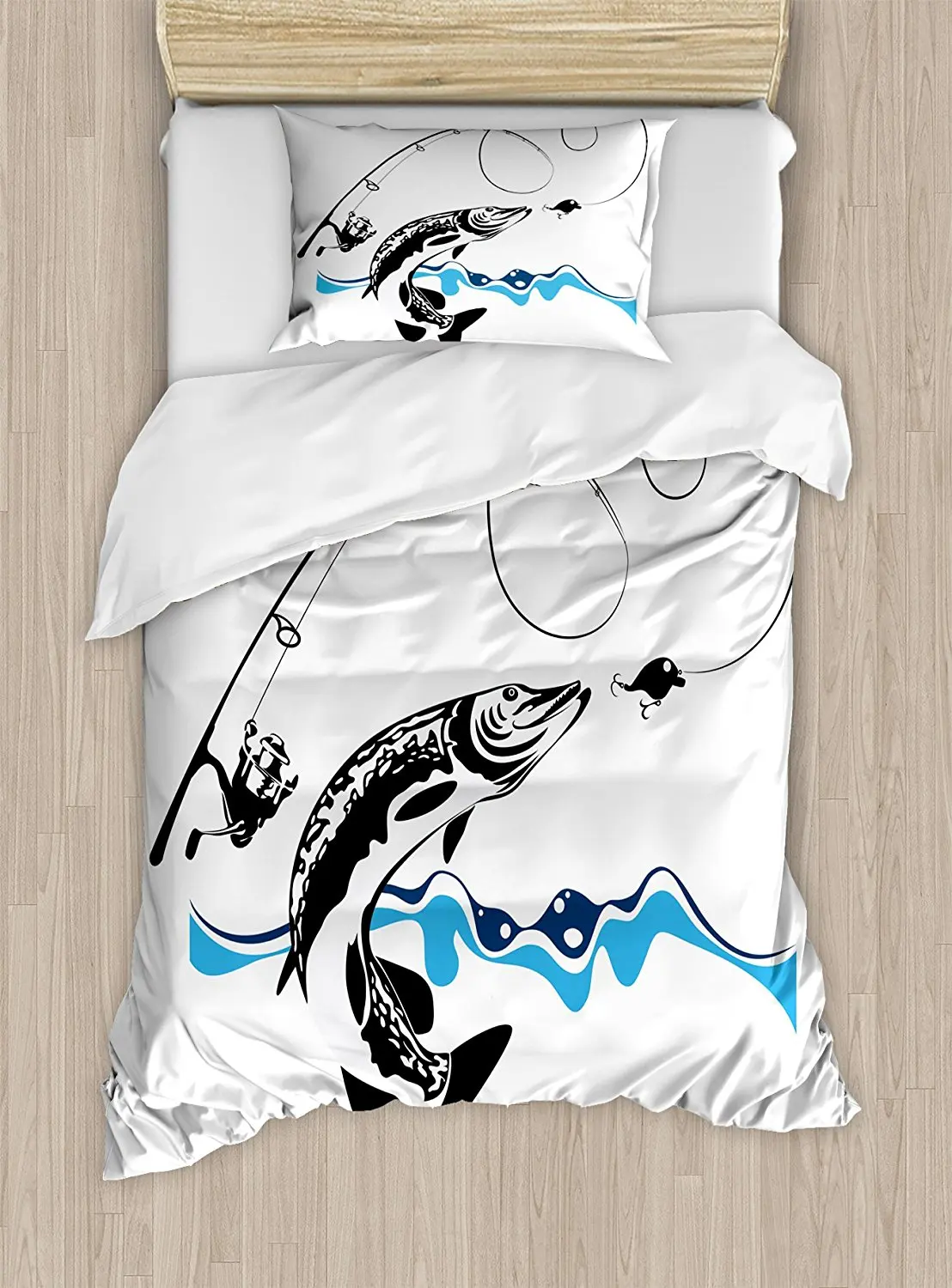 Fishing Duvet Cover Set Big Pike Fish Catching Wobblers Reel Trap