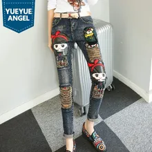 Милые модные джинсы в стиле Харадзюку с аппликацией из мультфильма; узкие брюки; рваные повседневные длинные брюки для женщин; обычные брюки в стиле ретро