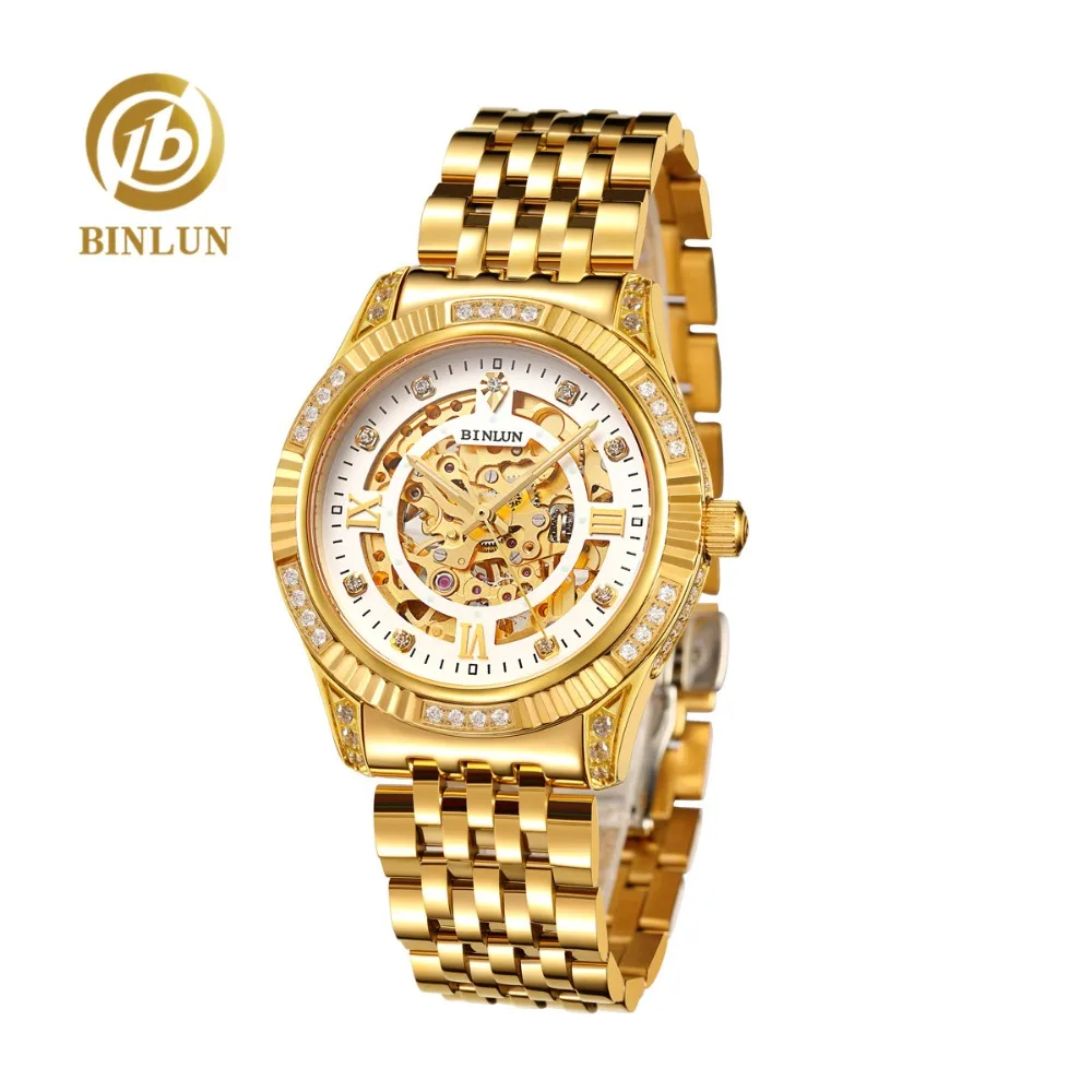 

BINLUN Men's 18K Gold Automatic Watch Diamond Case Scratch Resistant Waterproof Top Men's Luxury Skeleton Gold Business Watches