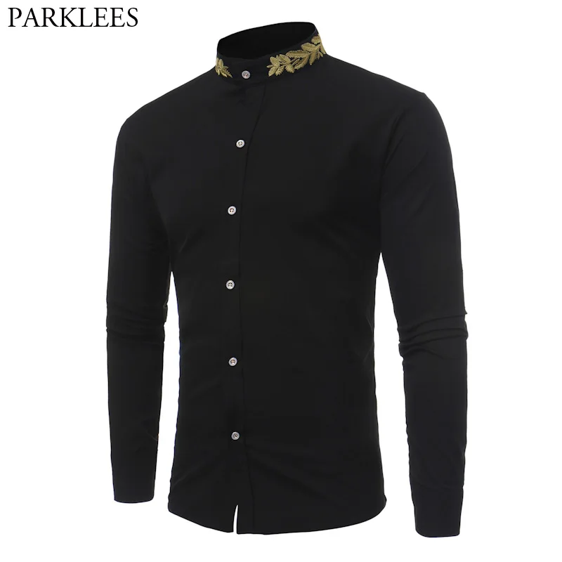 Stand Collar Men Shirt 2017 Brand New Gold Embroidery Men Shirt Long Sleeve Slim Fit Cotton Male Shirts Casual Mens Dress Shirts Stand Collar Men Shirt 2017 Brand New Gold Embroidery Men Shirt Long Sleeve Slim Fit Cotton Male Shirts Casual Mens Dress Shirts