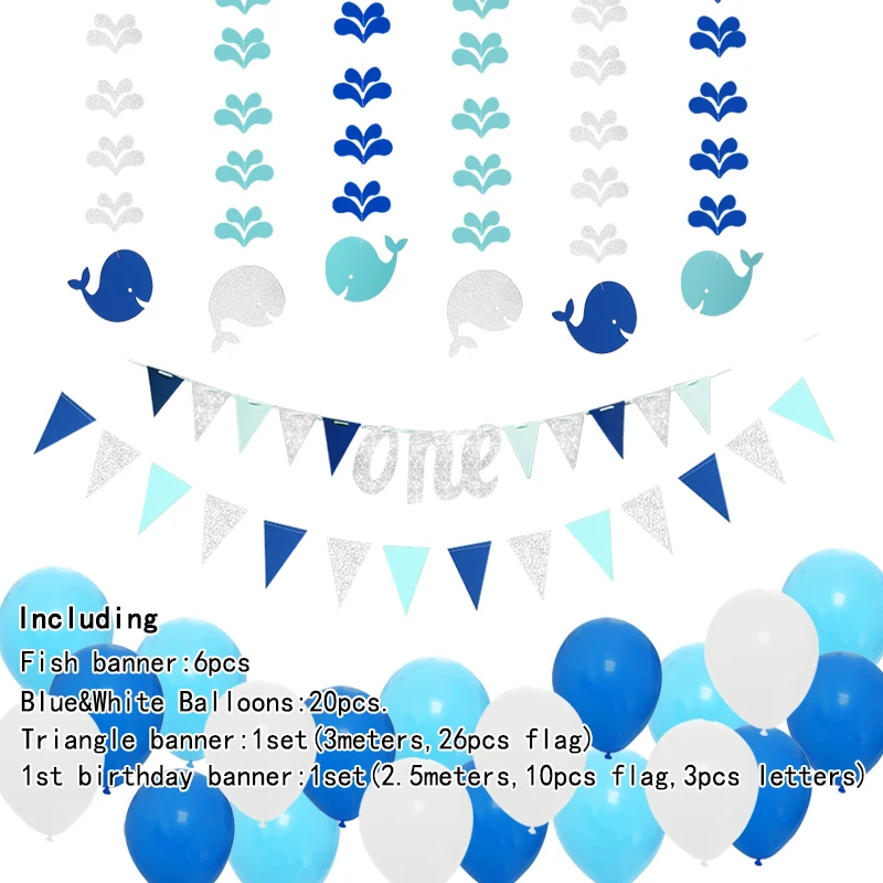 10pcs Under The Sea Theme Blue Party Decorations Kit Boy Birthday Circle Banner Garlands Bunting Paper Fan Flower Pom Poms Decoration Event Celebration Hanging Decor For Baby Shower Wedding Kids Room Tissue Pom Poms Home