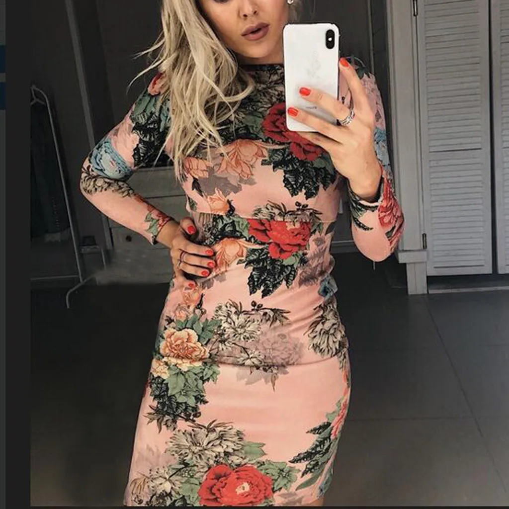 

KANCOOLD Dress Fashion Women O-Neck Long Sleeve Floral Print sexy Dress Bodycon Tight buttocks Sheath Mini Dress women 2018DEC11