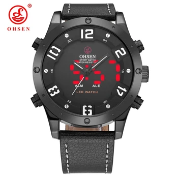 

OHSEN Digital Quartz Men Watches Male Gift Black Leather Band 30M Waterproof Fashion Military LED Wristwatch relogio masculino