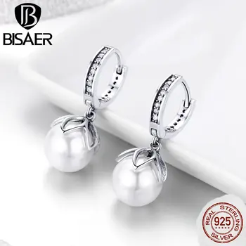 

BISAER 100% 925 Sterling Silver Flower Buds Stud Earrings Women Cubic Zircon Freshwater Pearl Earrings Jewelry ECE482