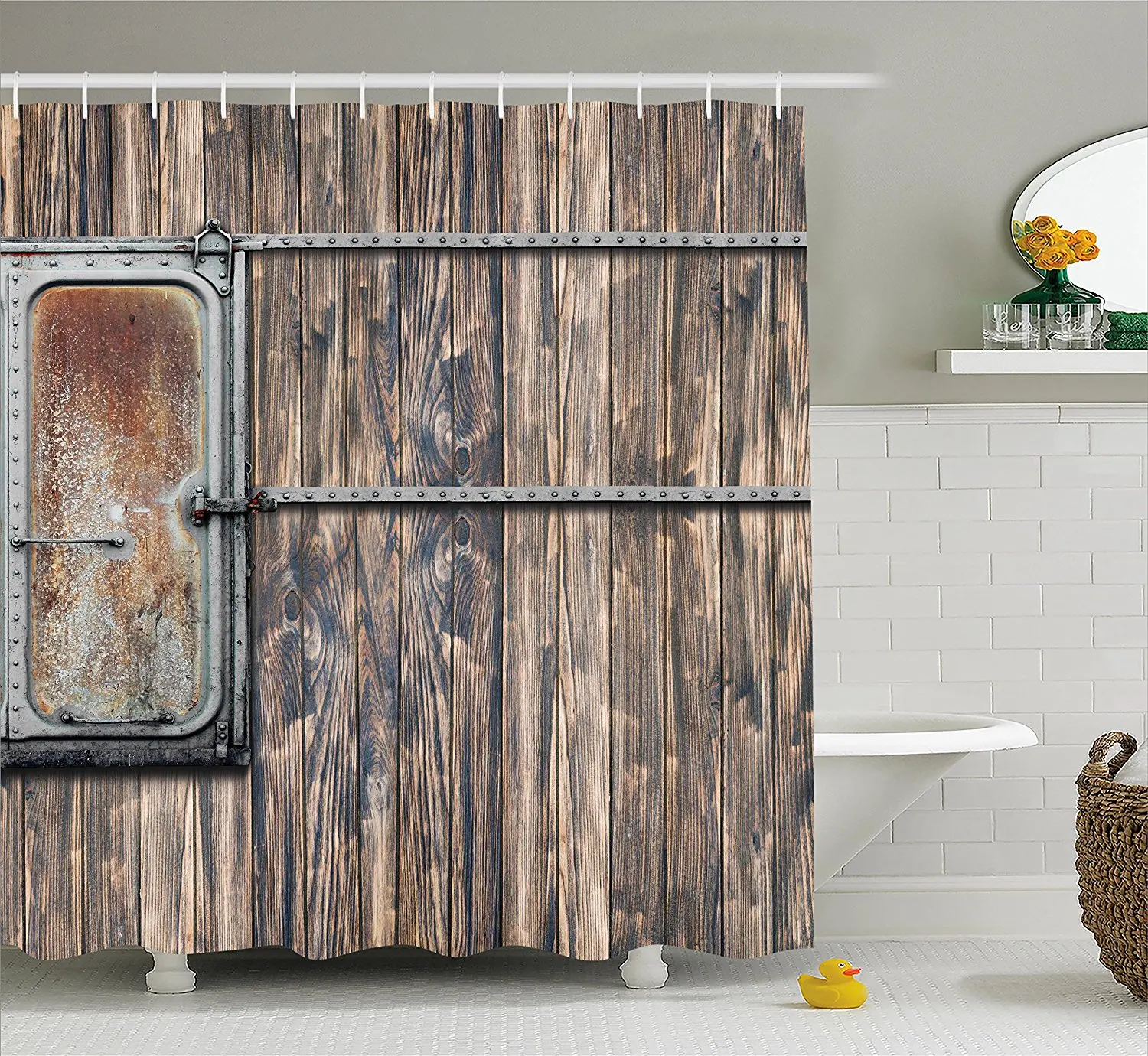 

Rustic Shower Curtain Nautical Wooden Tree Planks with Old Little Rusty Boat Marine Life Door Print Fabric Bathroom Decor Set