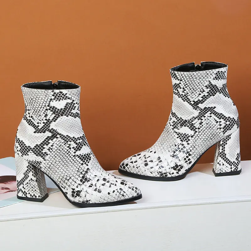 

Women Boots Fashion Snake Print Square High Heels Ankle Boots Pointed Toe Zipper Boots Autumn Winter Shoes Ladies 2019