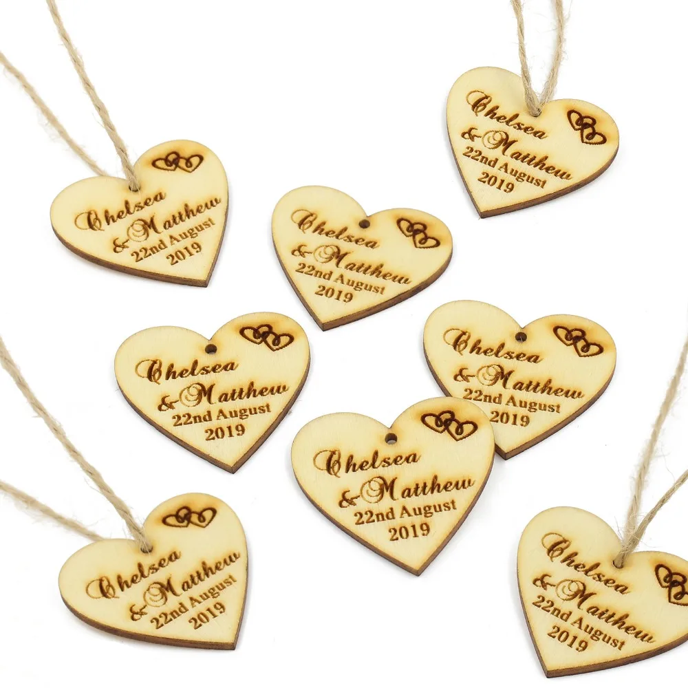 

50 Pcs Personalized Engraved Wooden Love Heart Tags Twine Wine Charm Custom Wood Gift Labels Rustic Wedding Bridal Shower Favors