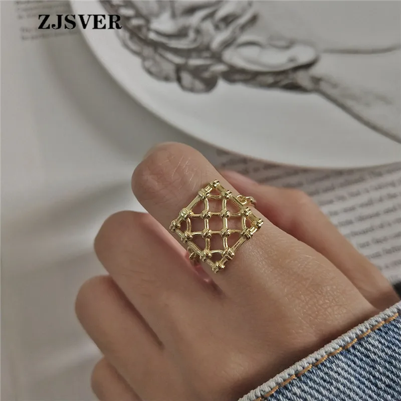 

ZJSVER Korean Jewelry 925 Sterling Silver Rings Golden Retro Geometric Square Weave Women Ring Attend Banquet Or Party