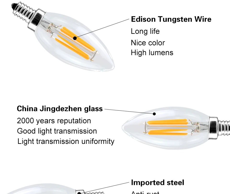 4Dimmable E14 E12 E17 Filament Led Lamp 220V 110V 2W 4W 6W Led Edison Bulb Glass Dimming Filament Candle Lamps Christmas Lights