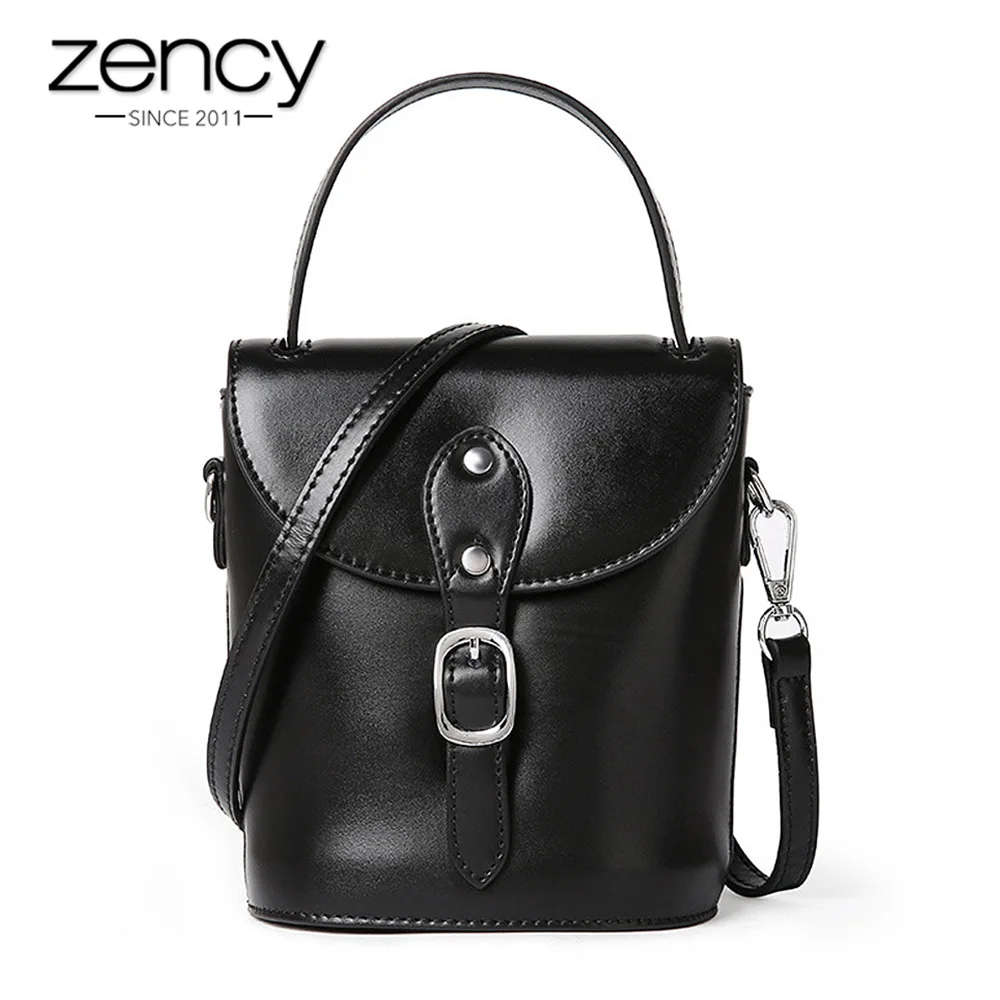 

Zency 100% Genuine Leather Women Tote Bag Vintage Crossbody Messenger Purse Mini Bucket Fashion Handbag Black Flap High Quality
