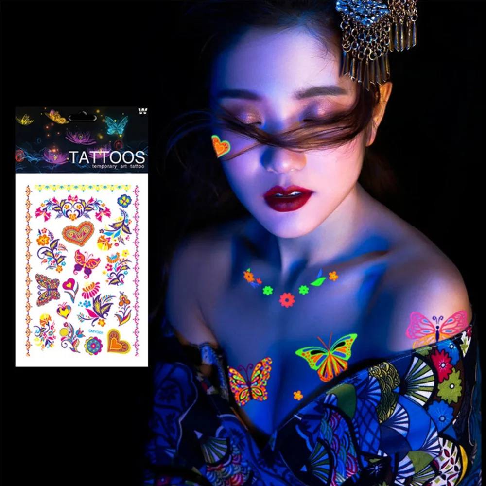 

1 Sheet Luminous Chrismas Temporary Tattoos Stickers Glow In the Dark Fluorescent Waterproof Butterfly Tattoo for Face Body Art