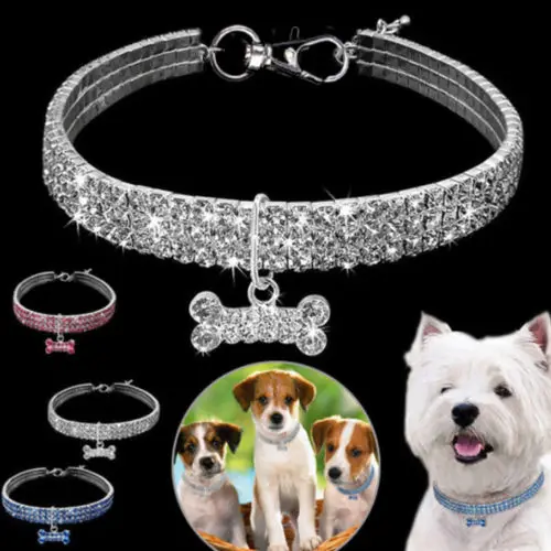 

Diamond Dog Necklace Jeweled Collars With Bone Pendant Rhinestone Crystal Bling Band Puppy Dog Pet Collars Collar Leather Tag