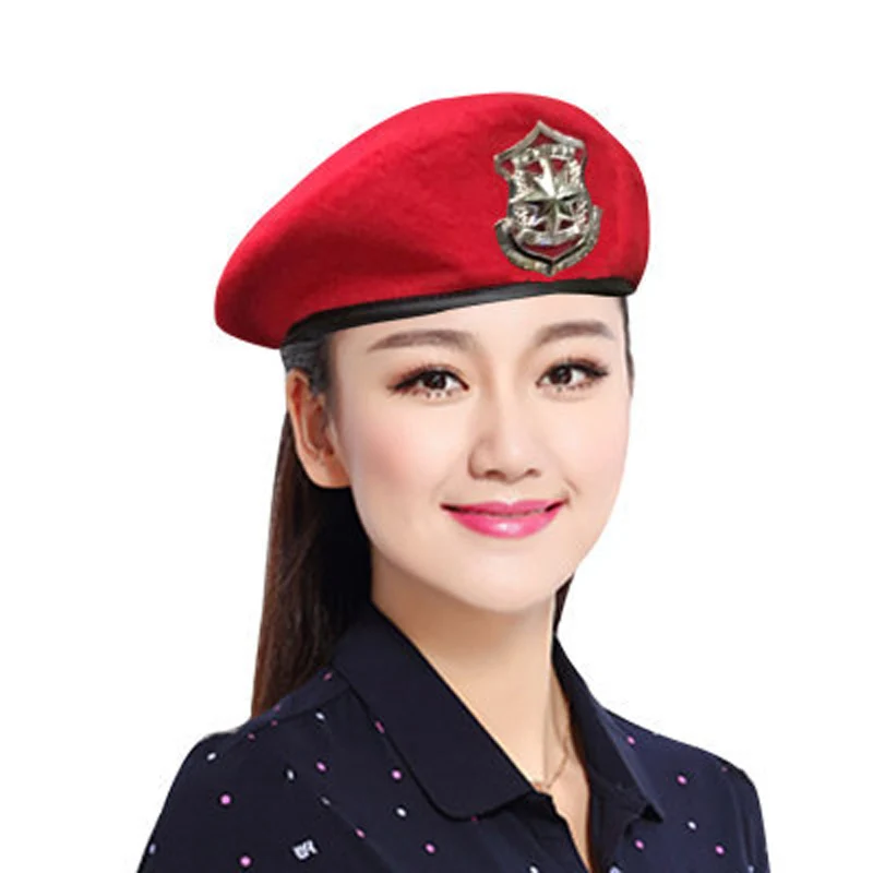High-Q Men Women Wool Felt Berets Metal Badge Decor Sailors Dance Performance Hat Trilby Military Fans Army Cap Adjustable 3