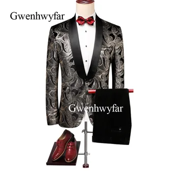 

Gwenhwyfar Mens Fashion Narrow Black Shawl Lapel 2 Pieces Set Gold Pattern Printed Black Velvet Wedding Groom Suits High Quality