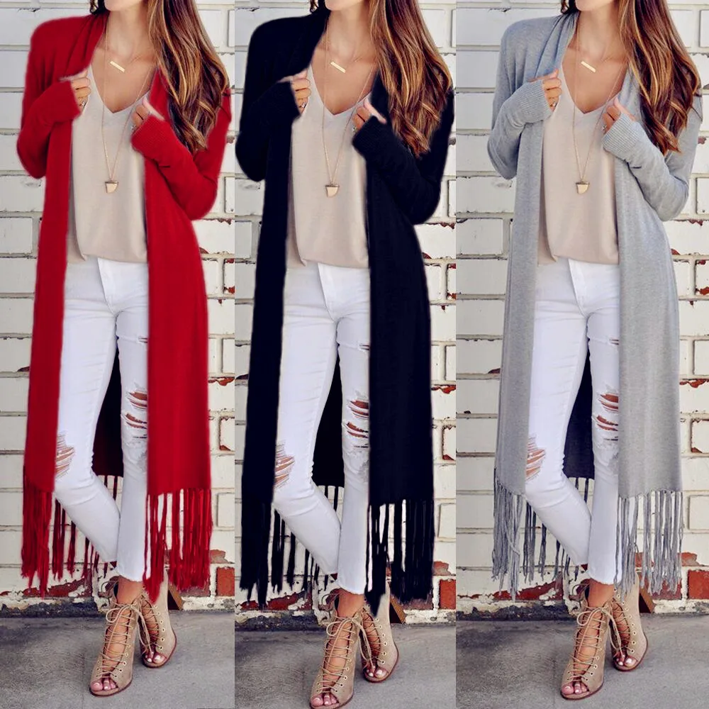 

2019 Women Causal Winter Spring Boho Befree Overcoat Female Plus Sizes Tassel Full Sleeve Coat Office Long Jacket Casco Feminino