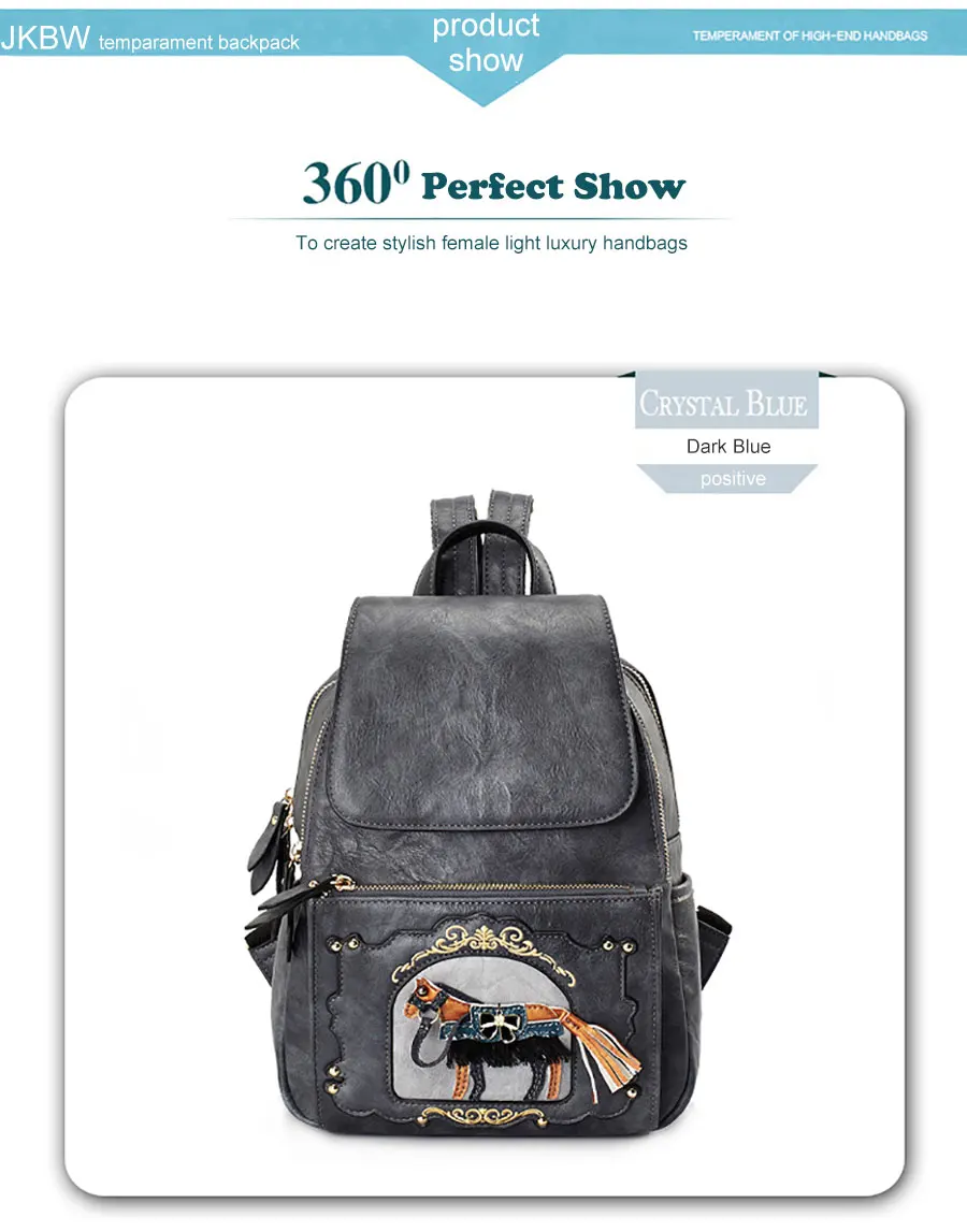 JKBW Women Backpack Fashion PU Leather Female Bags Teenager Girls School Bags Leisure Travel Bag with Cartoon Horse Decoration (7)