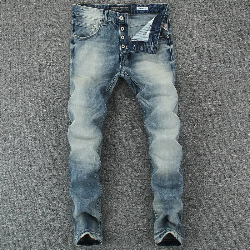 

Italian Style Fashion Men's Jeans Blue Color Slim Fit Cotton Classical Jeans Casual Pants Brand Designer Buttons Jeans Men